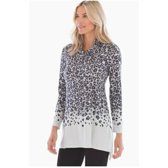 Soma Womens Tunic Top Gray Leopard Print Funnel Neck Soft Jersey ~L - Picture 1 of 5